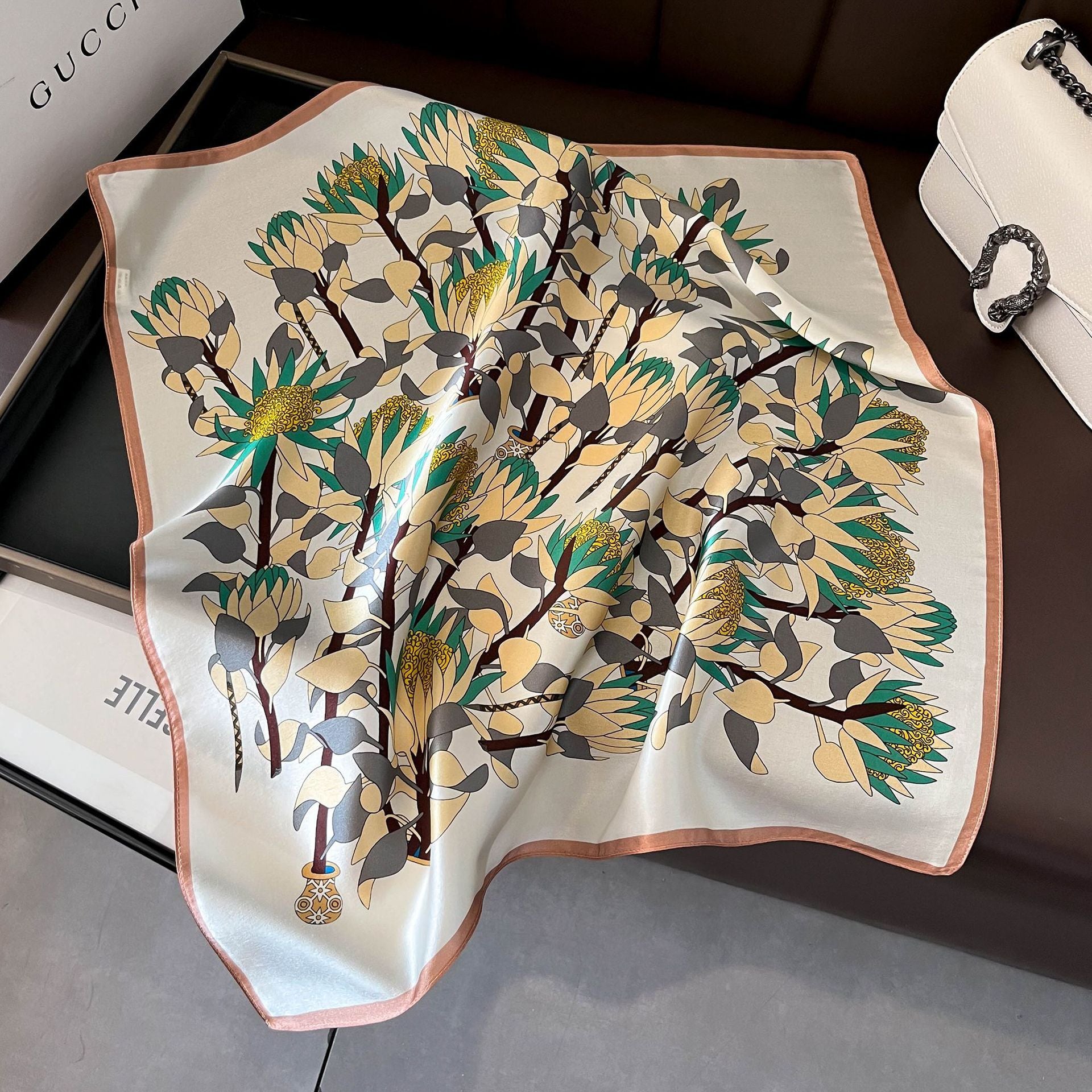 Yellow Pure Silk Scarf - Elegant Flower Design, Square Handkerchief (Style 4)