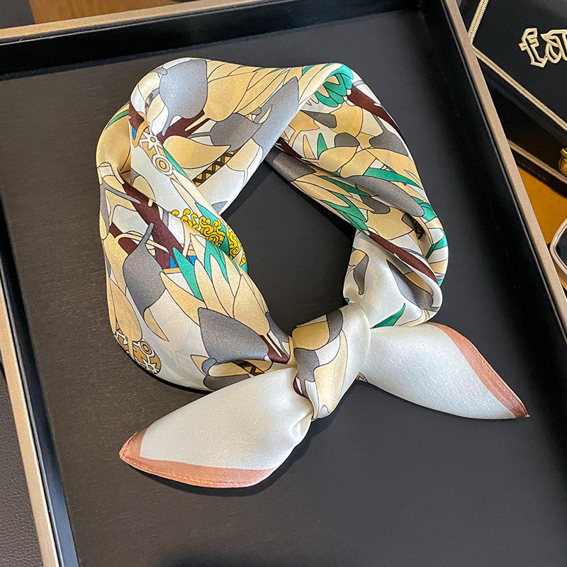 Yellow Pure Silk Scarf - Elegant Flower Design, Square Handkerchief (Style 4) 3
