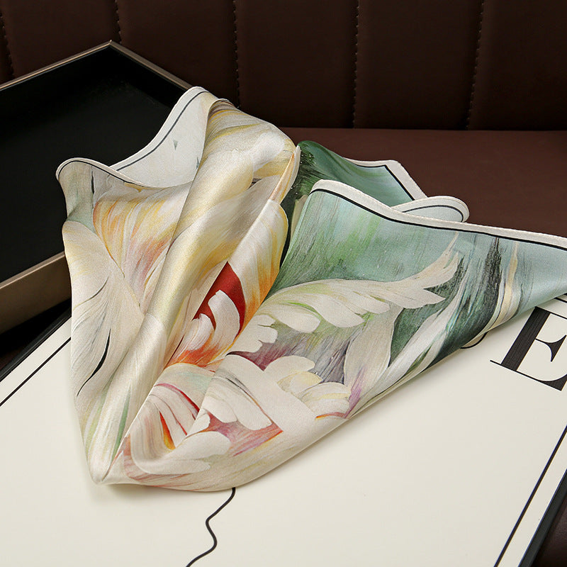 Green+White Pure Silk Scarf - Elegant Flower Design, Square Handkerchief (Style 5) 3