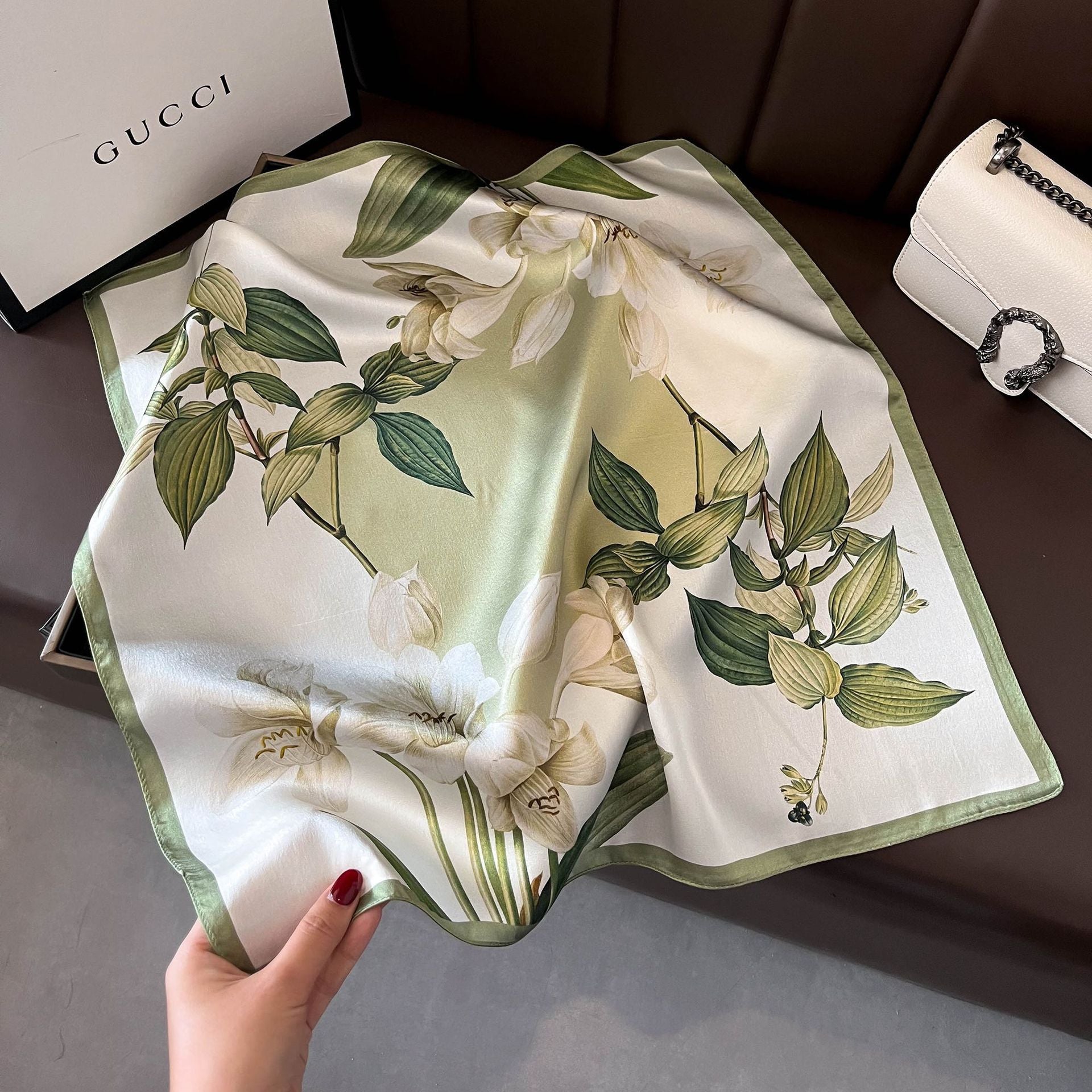 Green Pure Silk Scarf - Elegant Flower Design, Square Handkerchief (Style 6)