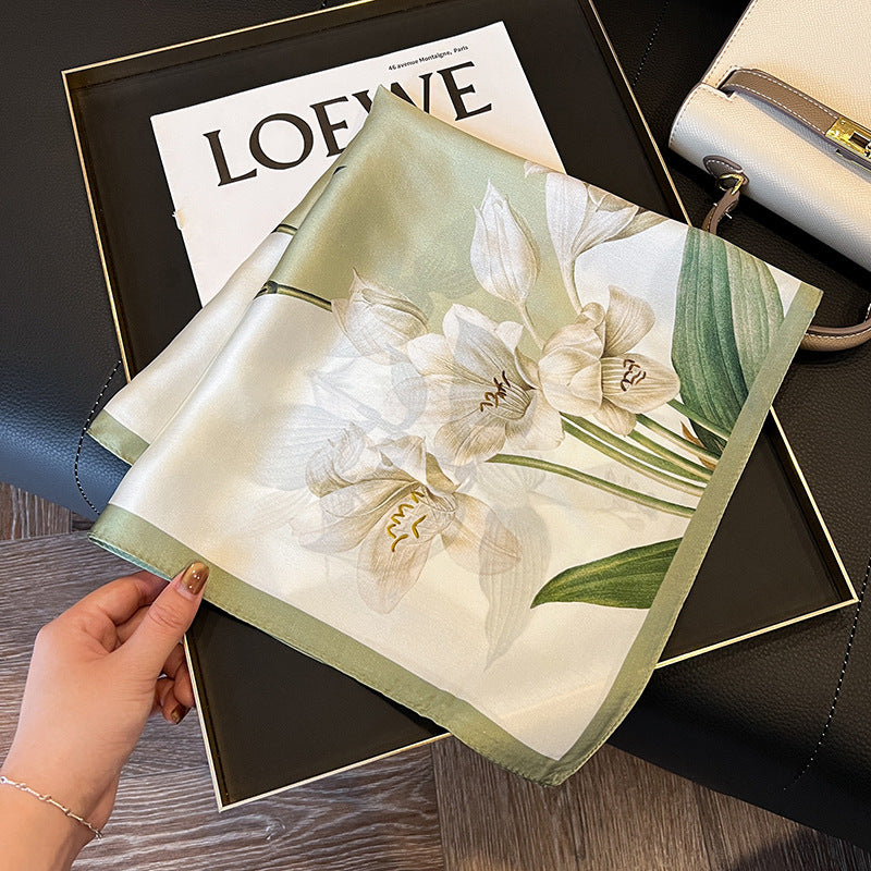 Green Pure Silk Scarf - Elegant Flower Design, Square Handkerchief (Style 6) 3