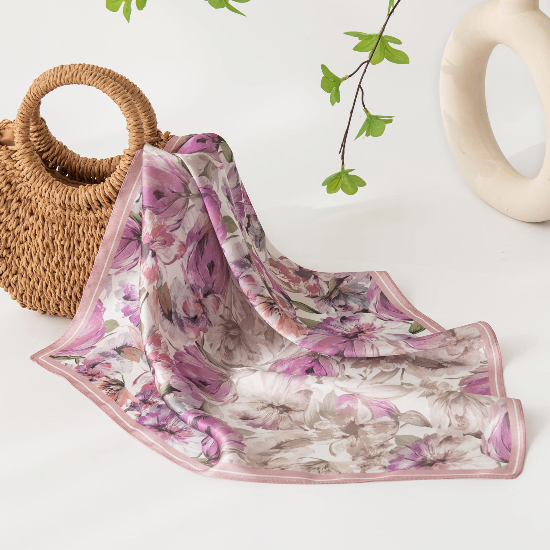 Purple Pure Silk Scarf - Elegant Flower Design, Square Handkerchief (Style 7) 3