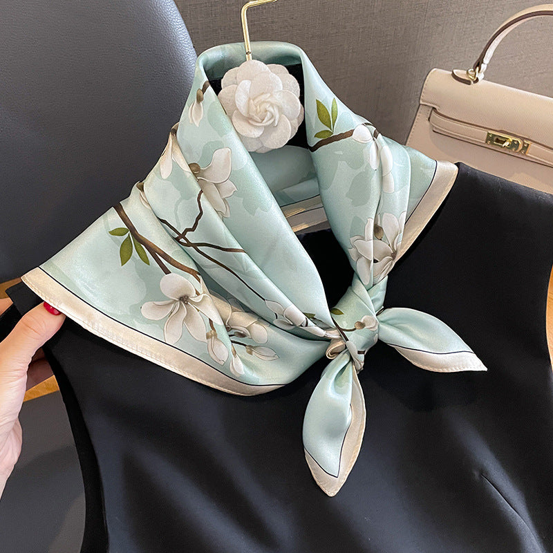 Blue Pure Silk Scarf - Elegant Flower Design, Square Handkerchief (Style 8) 3