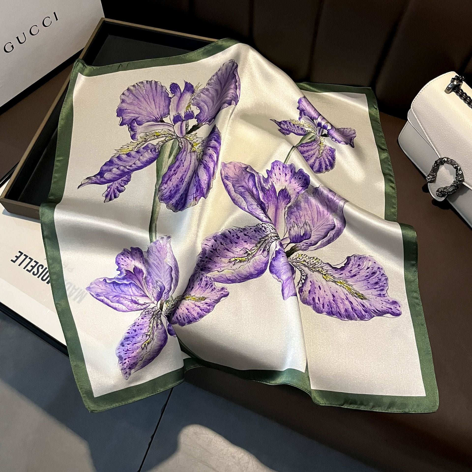 Purple Pure Silk Scarf - Elegant Flower Design, Square Handkerchief (Style 9) 3