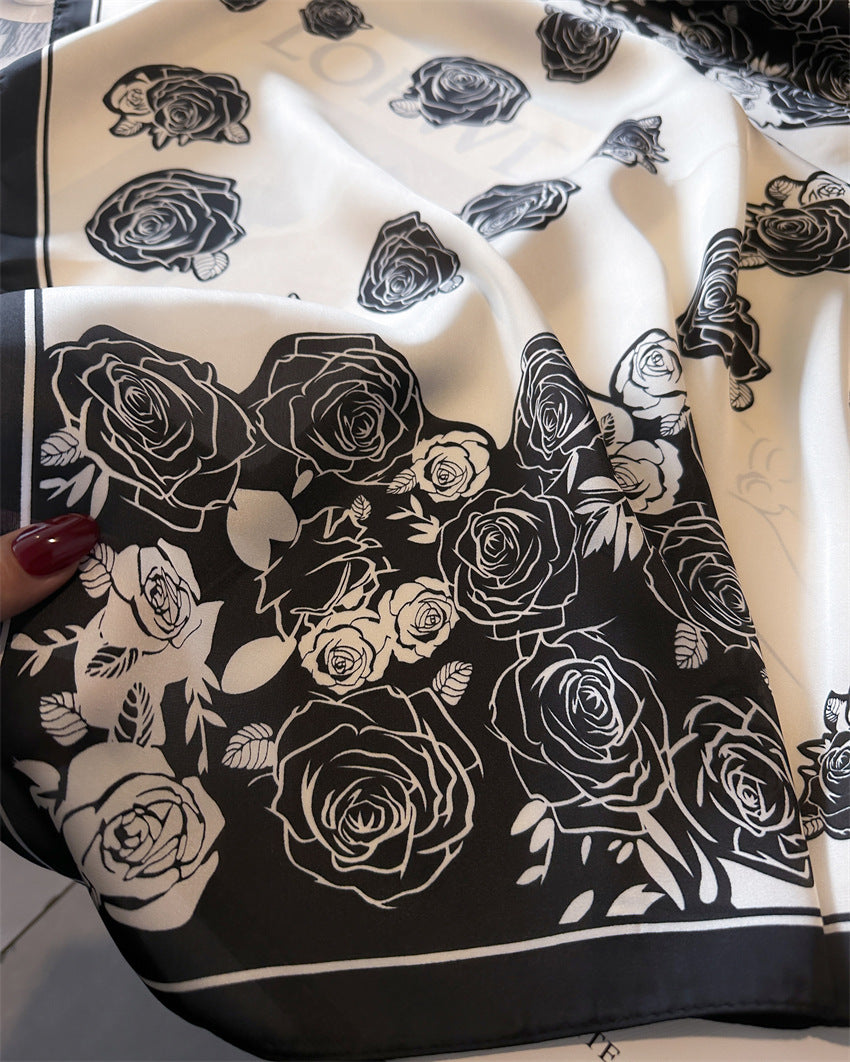 Black Pure Silk Scarf - Elegant Flower Design, Square Handkerchief (Style 10)