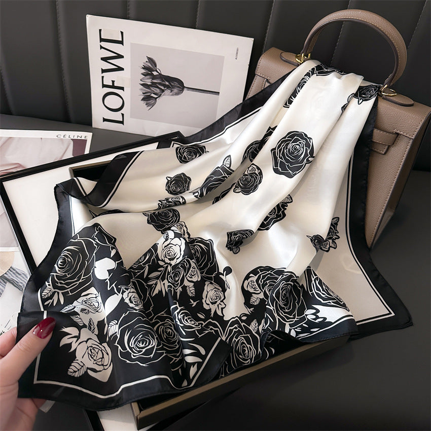 Black Pure Silk Scarf - Elegant Flower Design, Square Handkerchief (Style 10) 3