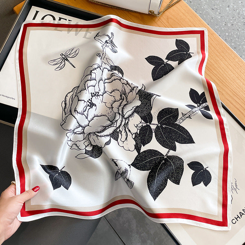Red Edge Pure Silk Scarf - Elegant Flower Design, Square Handkerchief (Style 13) 4