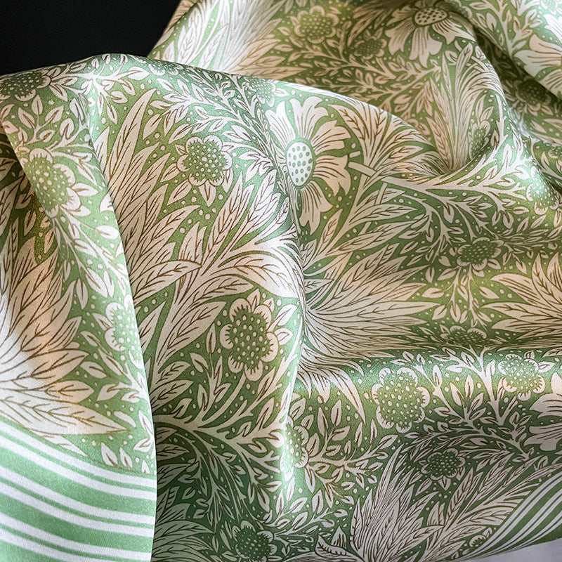 Green Pure Silk Scarf - Elegant Flower Design, Square Handkerchief (Style 14) 3