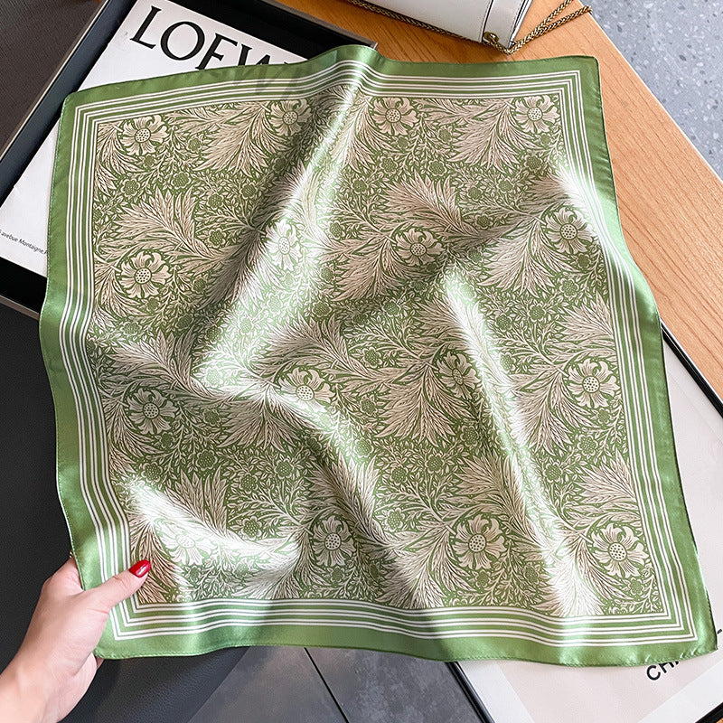 Green Pure Silk Scarf - Elegant Flower Design, Square Handkerchief (Style 14) 4