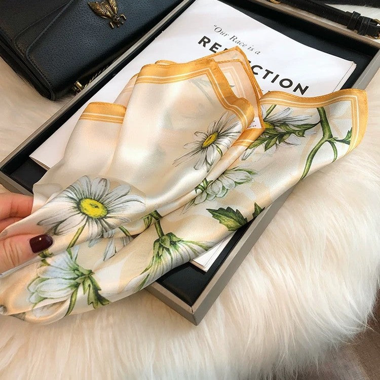 Orange Pure Silk Scarf - Elegant Flower Design, Square Handkerchief (Style 15) 3