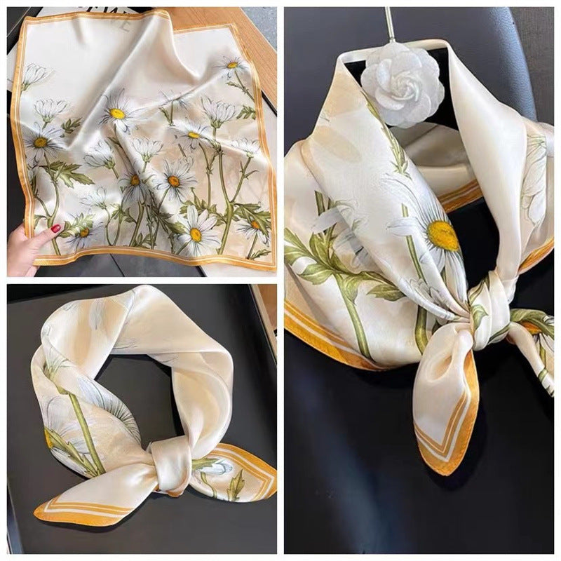 Orange Pure Silk Scarf - Elegant Flower Design, Square Handkerchief (Style 15) 4