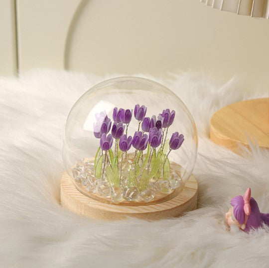 (Ten Purple Tulips) Glowing Tulip Dome Lamp -  Wooden Base, Bedside Table Decoration 4
