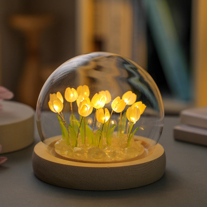 (Thirteen Yellow Tulips) Glowing Tulip Dome Lamp -  Wooden Base, Bedside Table Decoration