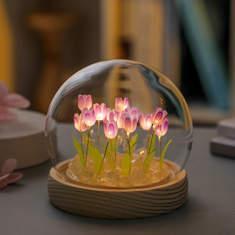 (Thirteen Purple Tulips) Glowing Tulip Dome Lamp -  Wooden Base, Bedside Table Decoration