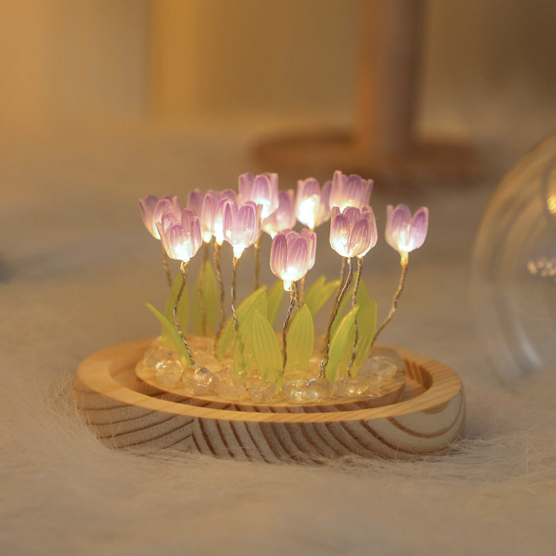 (Thirteen Purple Tulips) Glowing Tulip Dome Lamp -  Wooden Base, Bedside Table Decoration 3