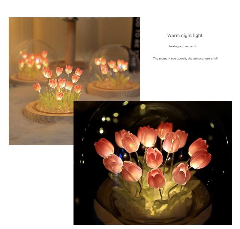 (Thirteen Pink Tulips) Glowing Tulip Dome Lamp -  Wooden Base, Bedside Table Decoration 3