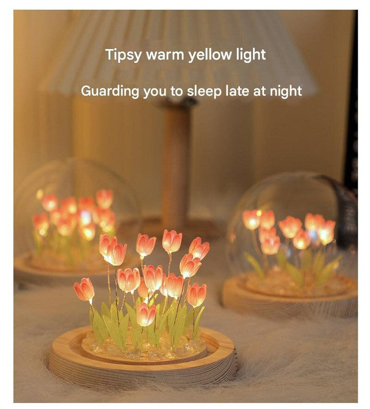 (Thirteen Pink Tulips) Glowing Tulip Dome Lamp -  Wooden Base, Bedside Table Decoration 4