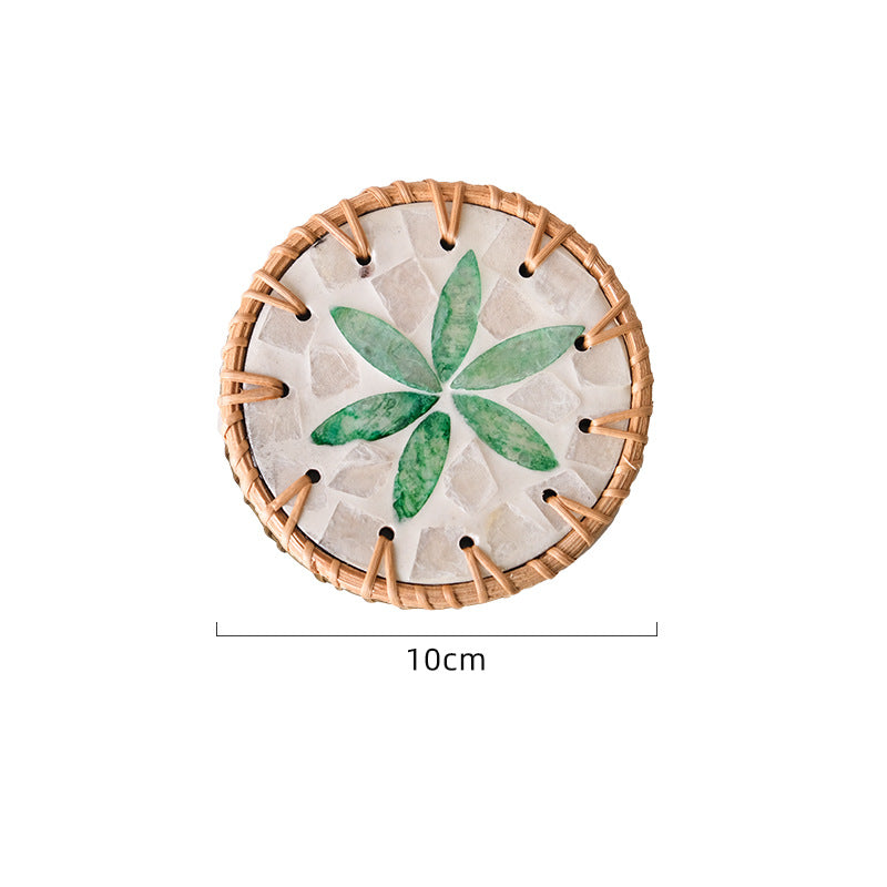 (Green Leaf Pattern) Set of 5 Rattan & Shell Coasters - Decorative & Heat Resistant