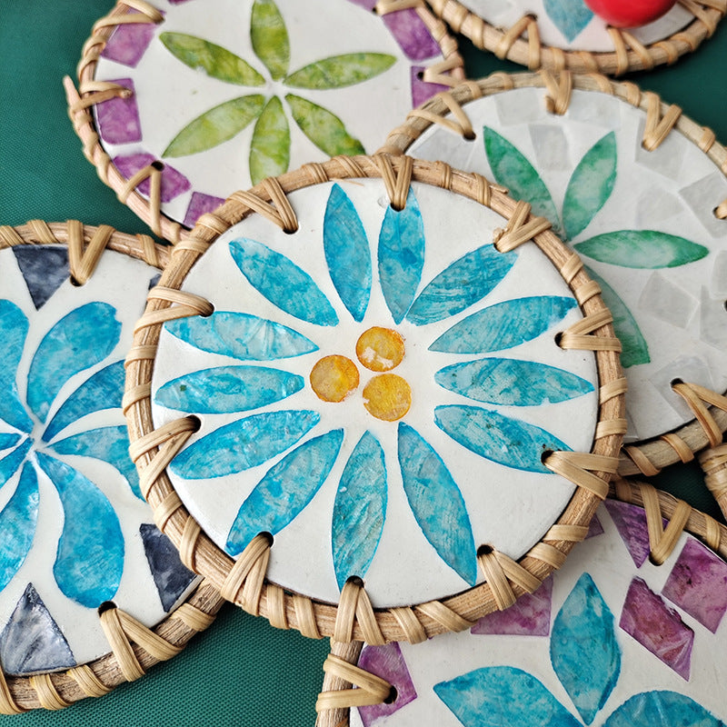 (Blue Leaf Fruit Pattern) Set of 5 Rattan & Shell Coasters - Decorative & Heat Resistant 3