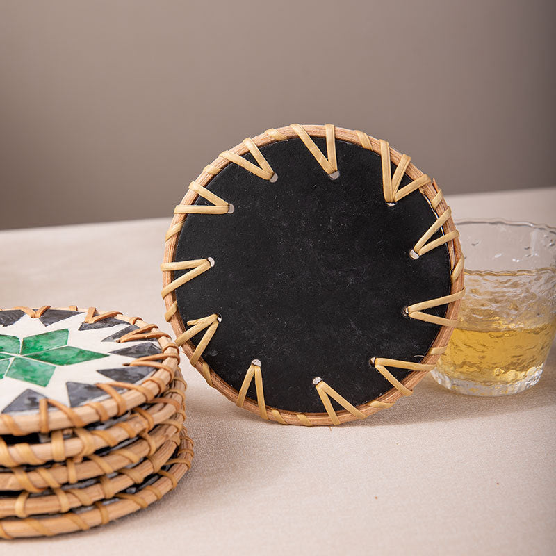 (Love Blue) Set of 5 Rattan & Shell Coasters - Decorative & Heat Resistant 3