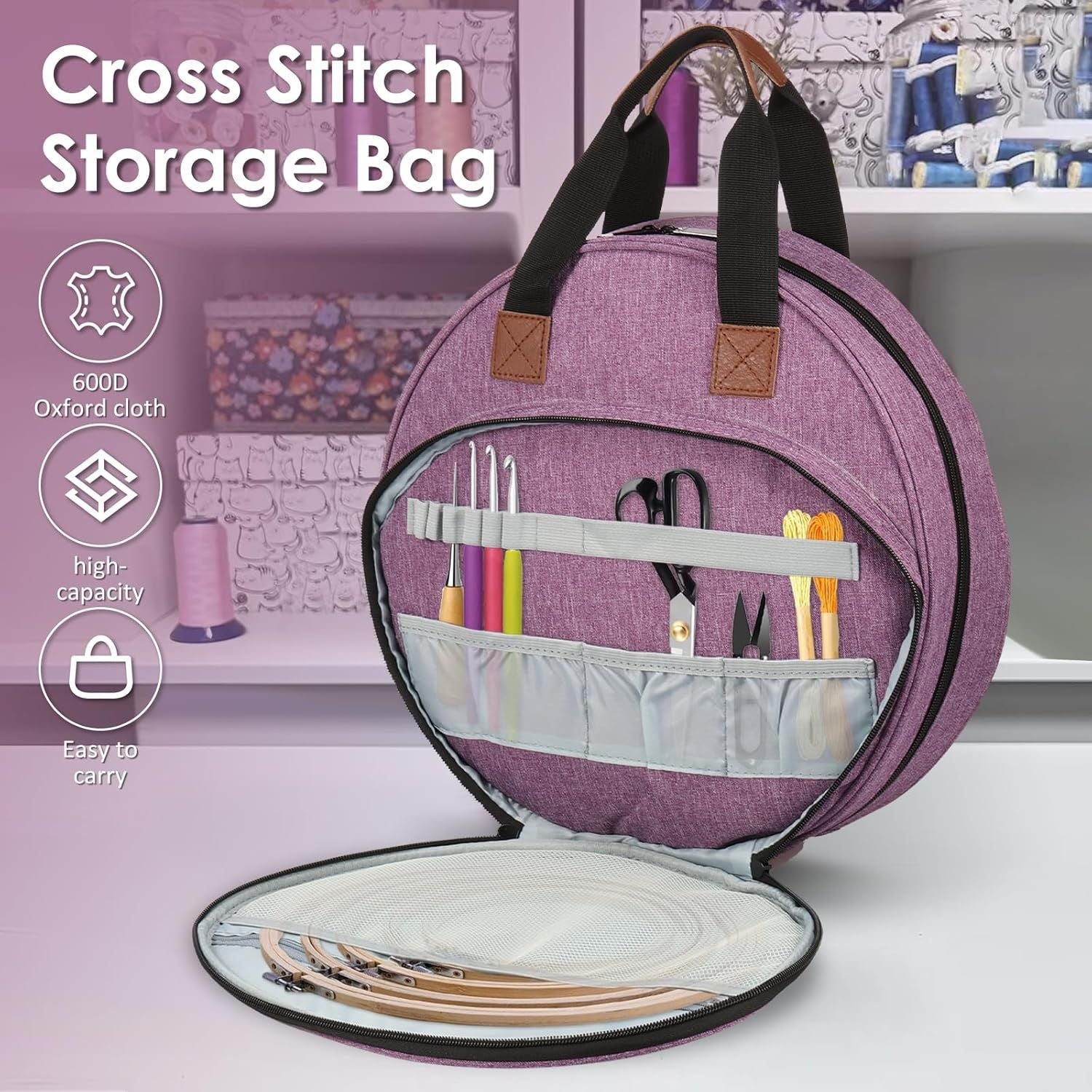 Purple Multi-Compartment Embroidery Bag - Keep Your Projects Organized 5