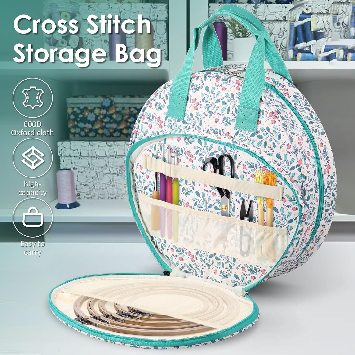 Blue leaves Multi-Compartment Embroidery Bag - Keep Your Projects Organized 5