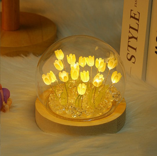 (Sixteen Yellow Tulips) Glowing Tulip Dome Lamp -  Wooden Base, Bedside Table Decoration