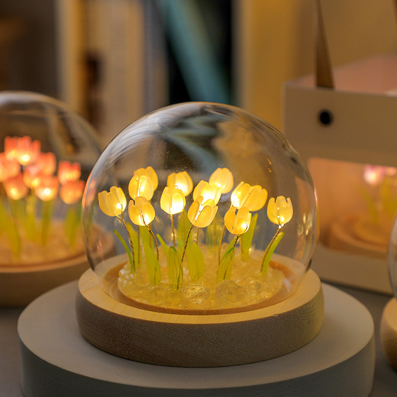(Sixteen Yellow Tulips) Glowing Tulip Dome Lamp -  Wooden Base, Bedside Table Decoration 3