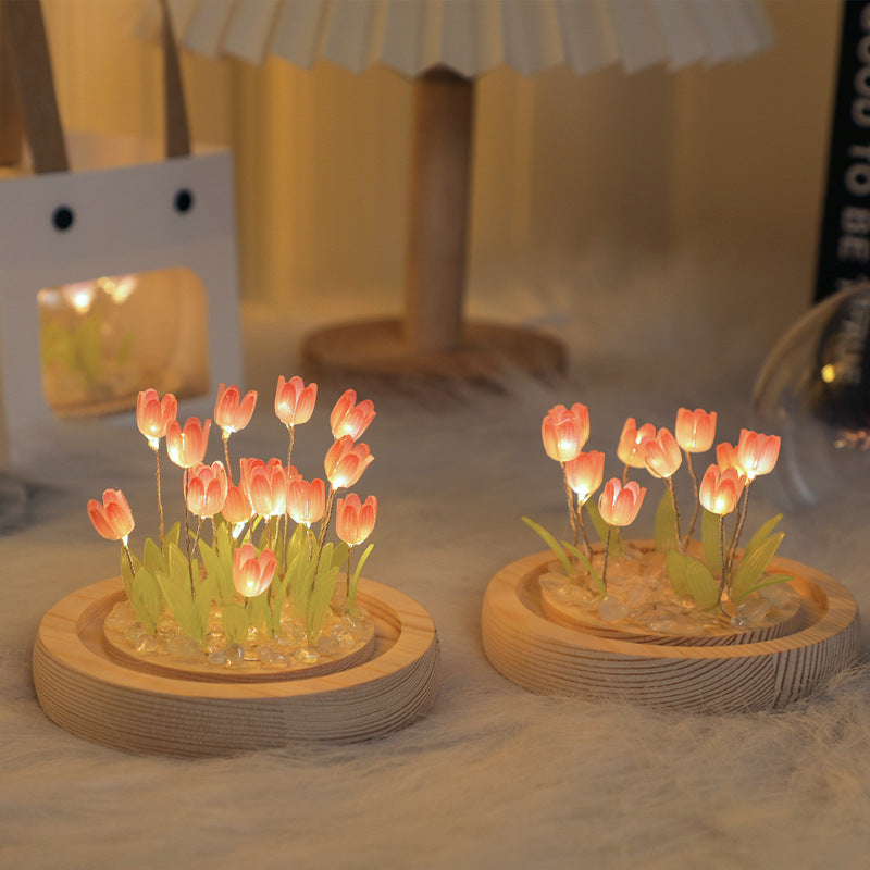 (Twenty Pink Tulips) Glowing Tulip Dome Lamp -  Wooden Base, Bedside Table Decoration