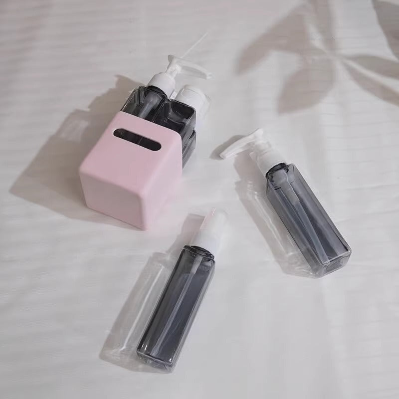 Square Pink 2-Piece 4-in-1 Travel Dispenser Set-Leakproof Refillable Bottles for Toiletries 3