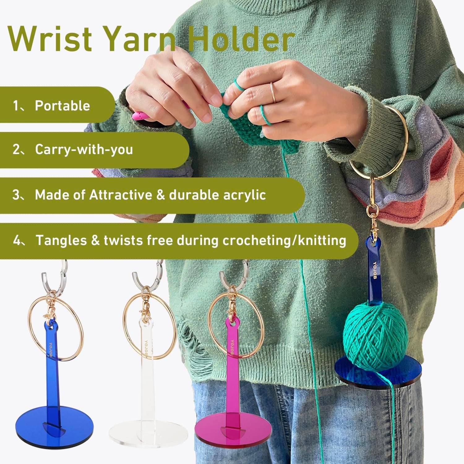 Transparent 2-Piece Acrylic Portable Wrist Yarn Holder - Knitting & Crochet Stand