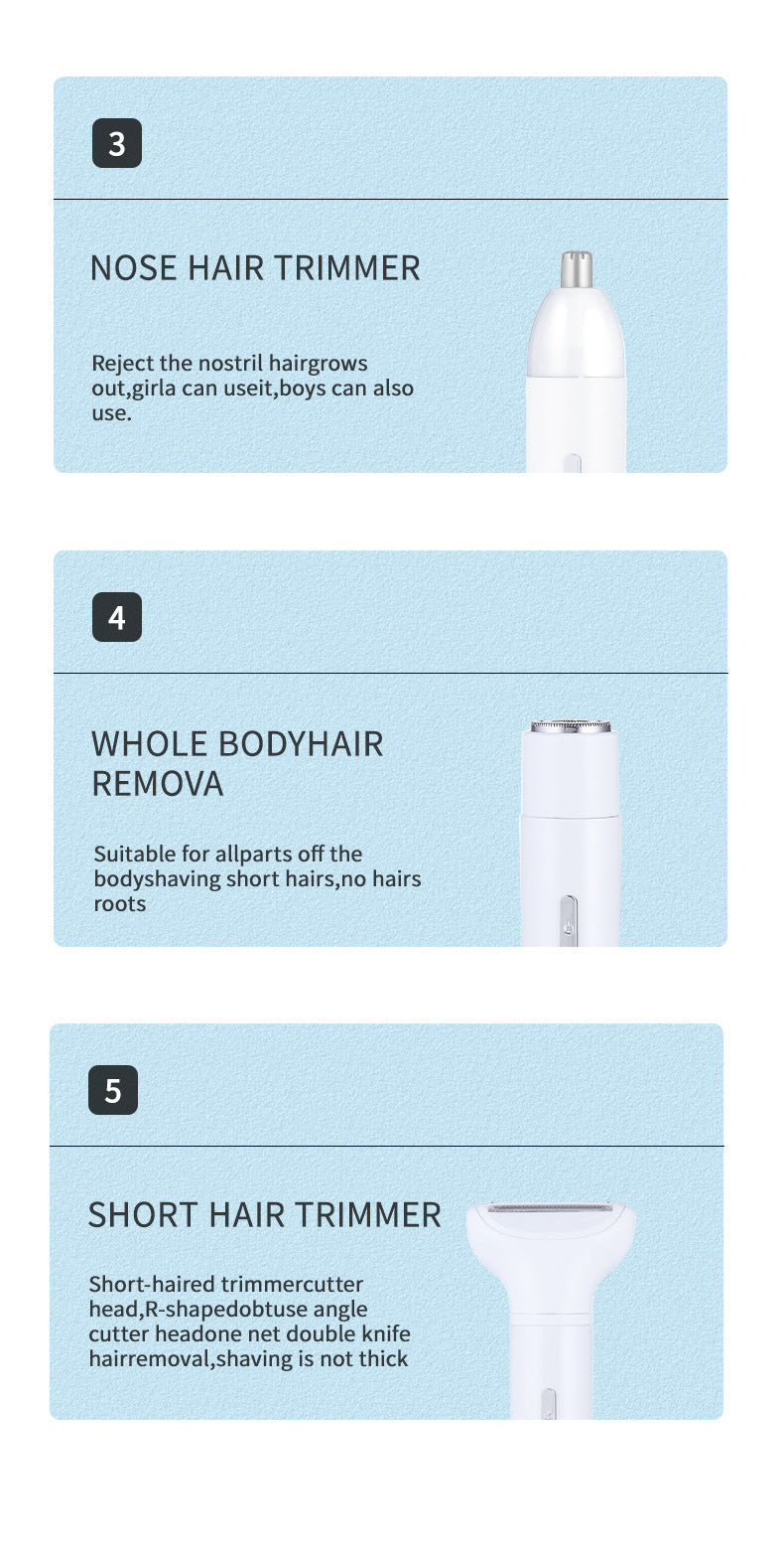 White 5-in-1 Electric Shaver for Women - Versatile Hair Remover for Face & Body 8