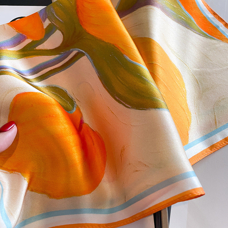Orange Lotus Leaf Women's Floral Print Mulberry Silk Shawl, 53cm (Style 5) 4