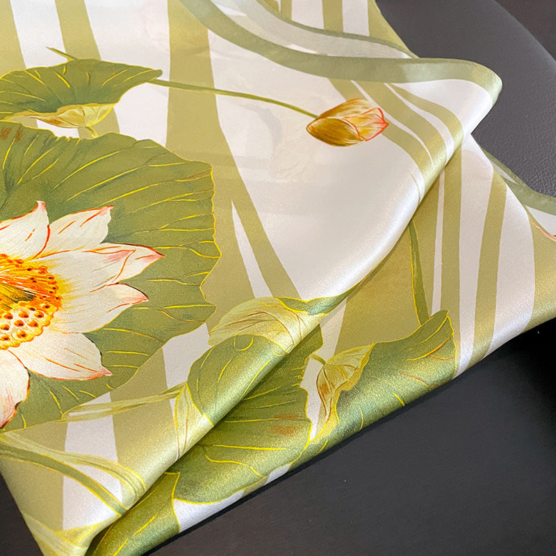 Green Lotus 53cm Silk Scarf - 100% Mulberry Silk, Floral Print, Women's Square Scarf Shawl (Style 1) 3
