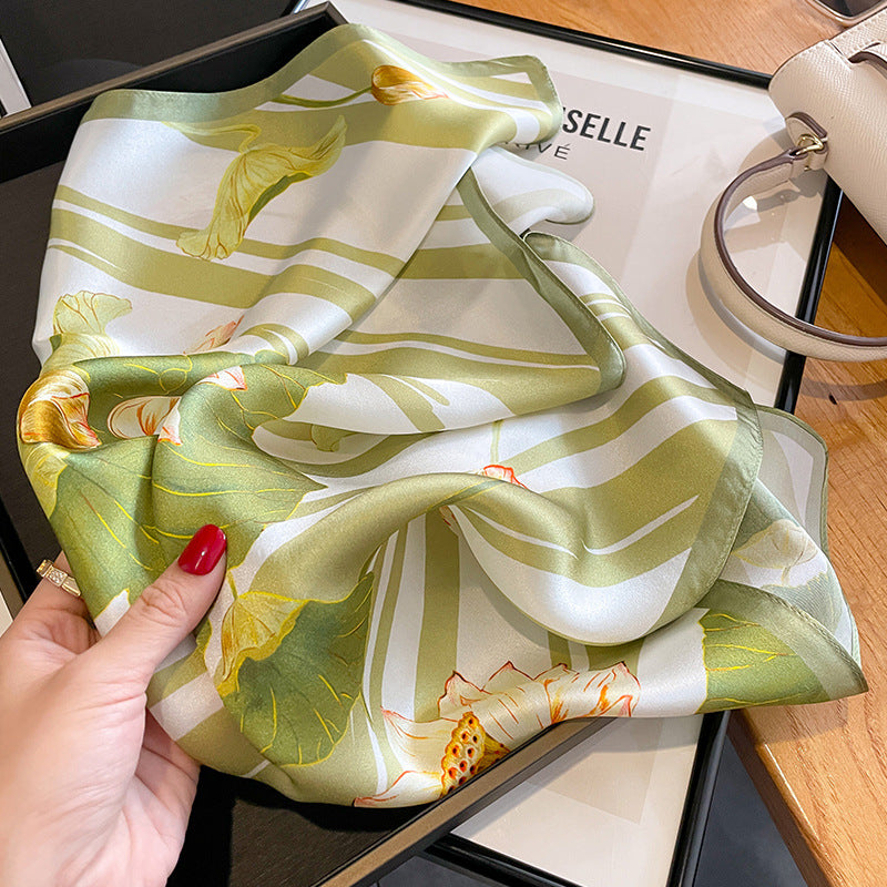 Green Lotus 53cm Silk Scarf - 100% Mulberry Silk, Floral Print, Women's Square Scarf Shawl (Style 1) 4