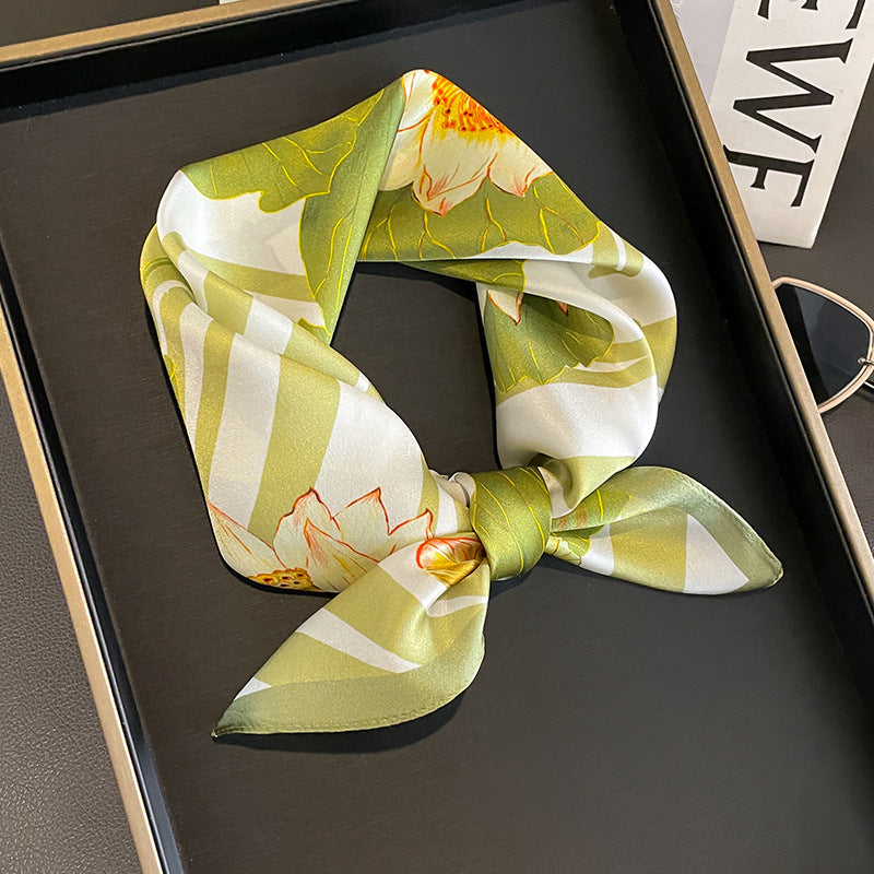 Green Lotus 53cm Silk Scarf - 100% Mulberry Silk, Floral Print, Women's Square Scarf Shawl (Style 1) 5