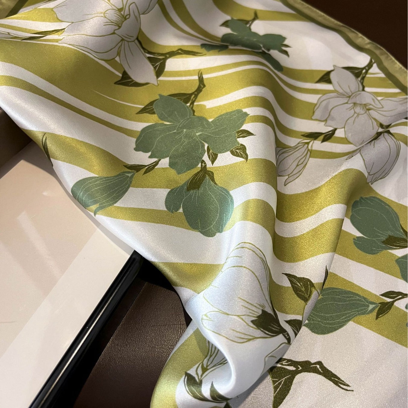Green Flowers 53cm Silk Scarf - 100% Mulberry Silk, Floral Print, Women's Square Scarf Shawl (Style 2) 3