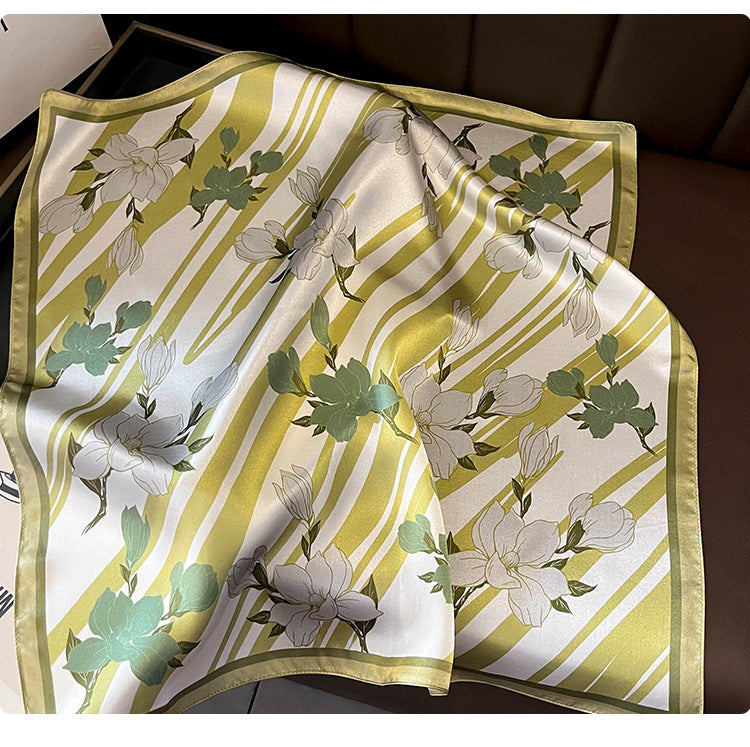 Green Flowers 53cm Silk Scarf - 100% Mulberry Silk, Floral Print, Women's Square Scarf Shawl (Style 2) 5