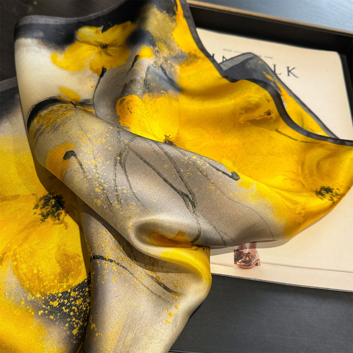 Yellow Flower Black Background 53cm Silk Scarf - 100% Mulberry Silk, Floral Print, Women's Square Scarf Shawl (Style 5) 3