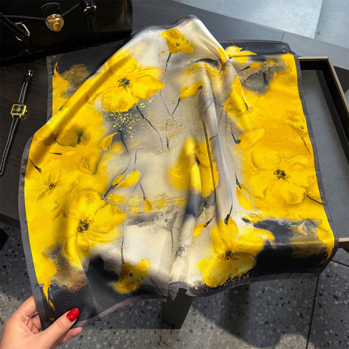 Yellow Flower Black Background 53cm Silk Scarf - 100% Mulberry Silk, Floral Print, Women's Square Scarf Shawl (Style 5) 4