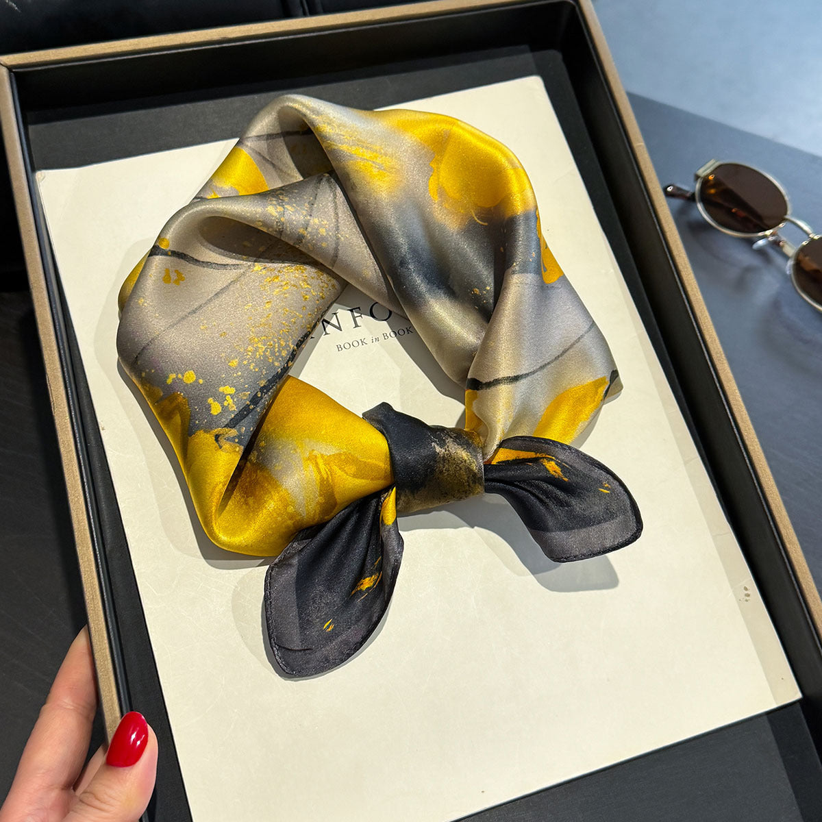 Yellow Flower Black Background 53cm Silk Scarf - 100% Mulberry Silk, Floral Print, Women's Square Scarf Shawl (Style 5) 5
