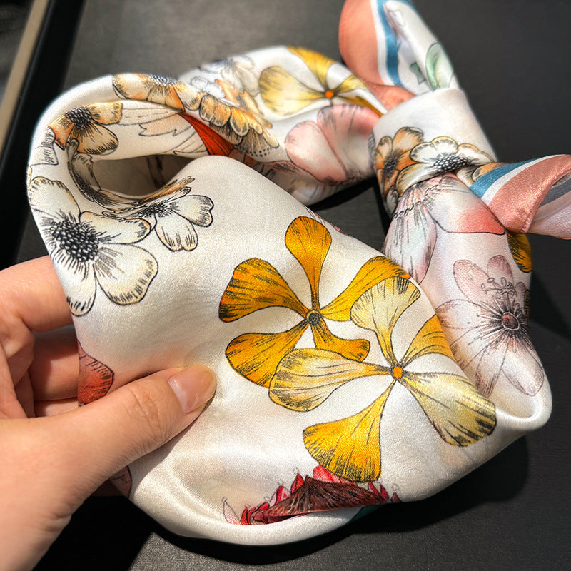 Orange 53cm Silk Scarf - 100% Mulberry Silk, Floral Print, Women's Square Scarf Shawl (Style 6)