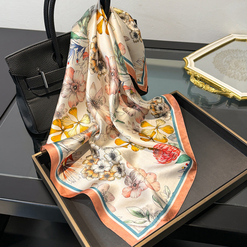 Orange 53cm Silk Scarf - 100% Mulberry Silk, Floral Print, Women's Square Scarf Shawl (Style 6) 3