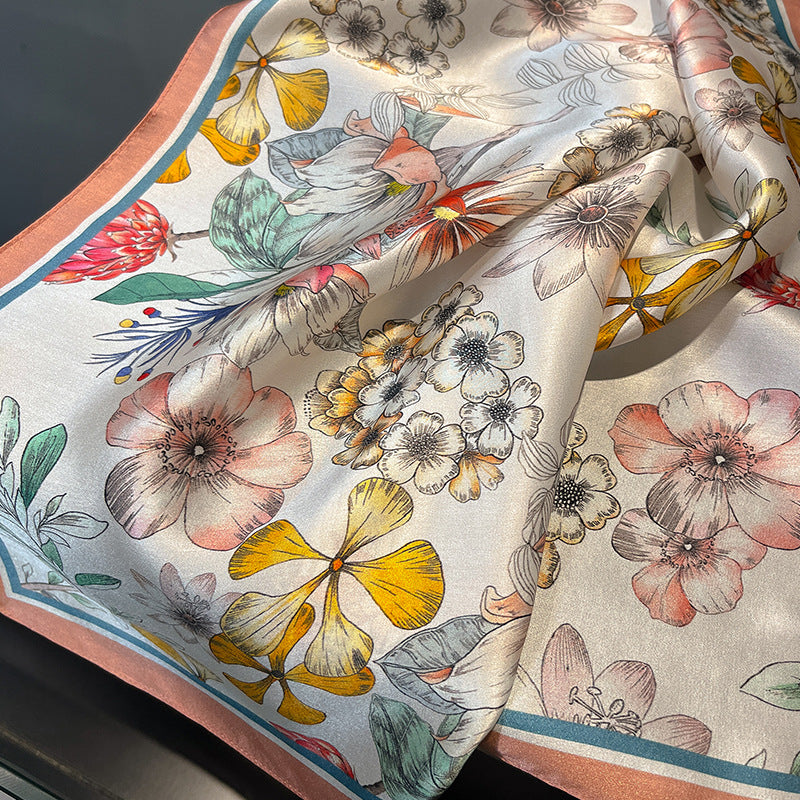 Orange 53cm Silk Scarf - 100% Mulberry Silk, Floral Print, Women's Square Scarf Shawl (Style 6) 4