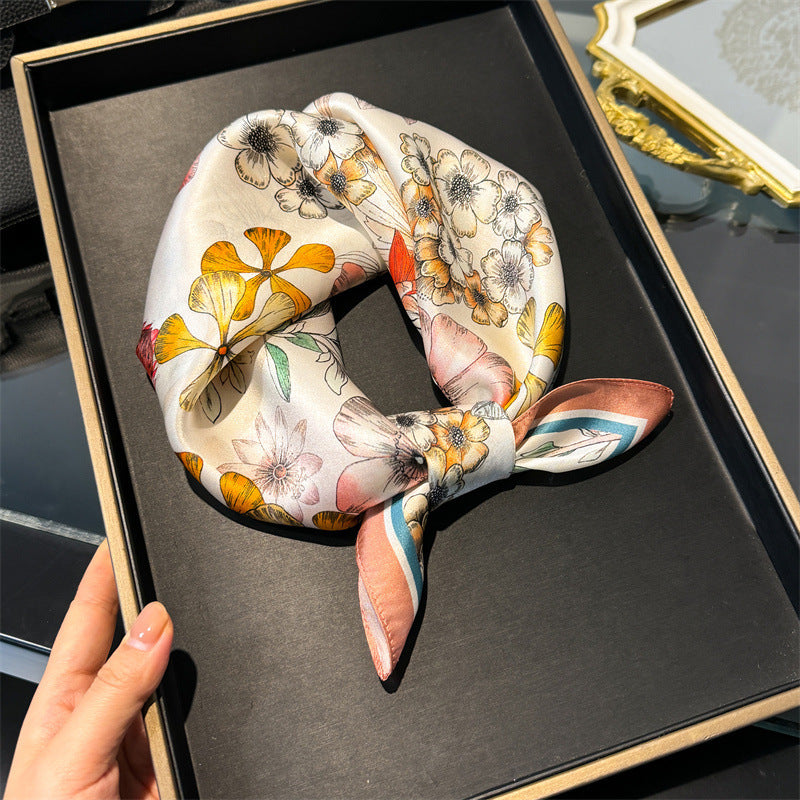 Orange 53cm Silk Scarf - 100% Mulberry Silk, Floral Print, Women's Square Scarf Shawl (Style 6) 5