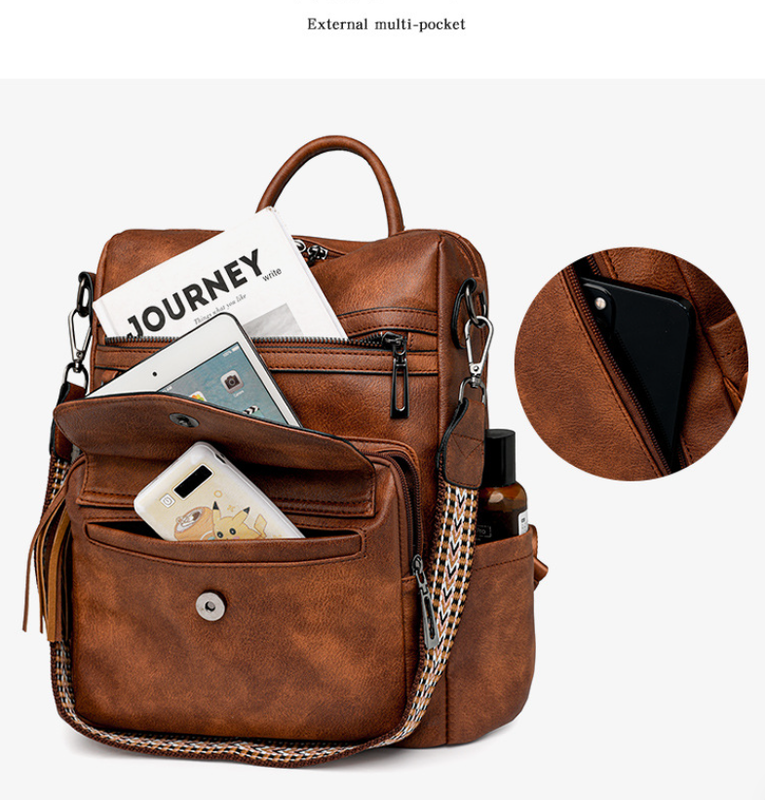 White With Brown Fashionable Women's Backpack Set - With Coin Purse and Tassels 3