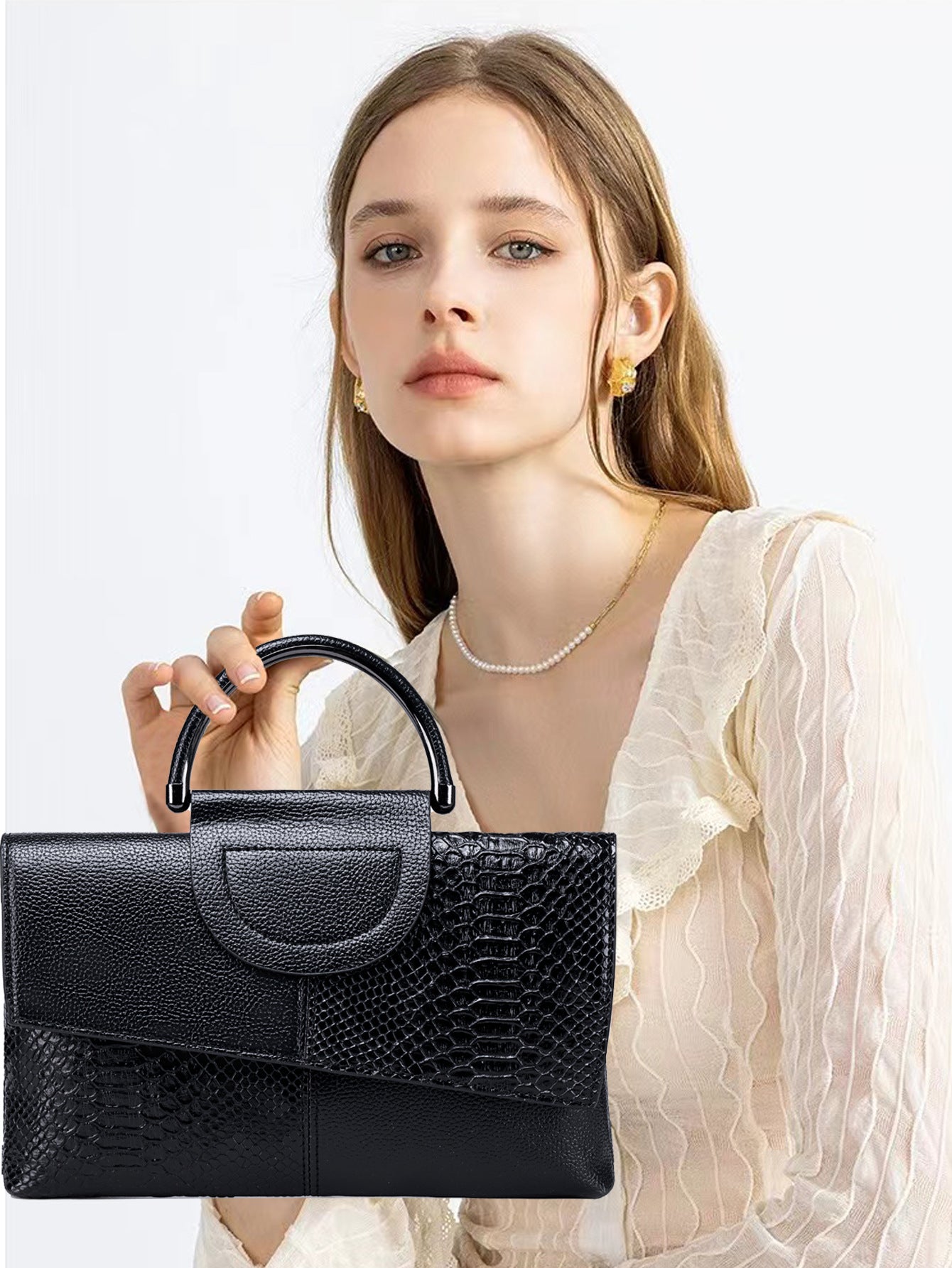 Black Elegant crocodile embossed clutch - with metal top handle and shoulder strap 3