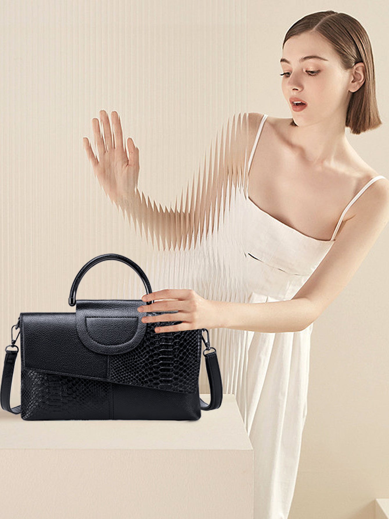 Black Elegant crocodile embossed clutch - with metal top handle and shoulder strap 4