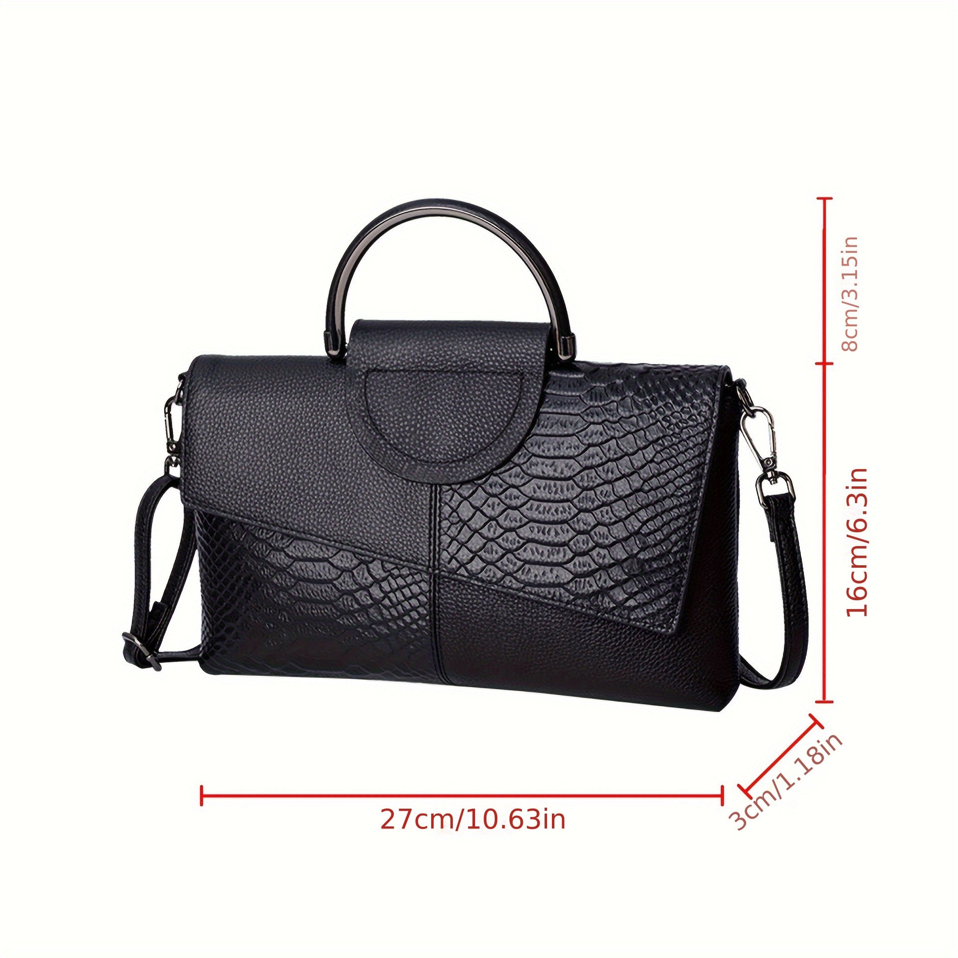 Black Elegant crocodile embossed clutch - with metal top handle and shoulder strap 6