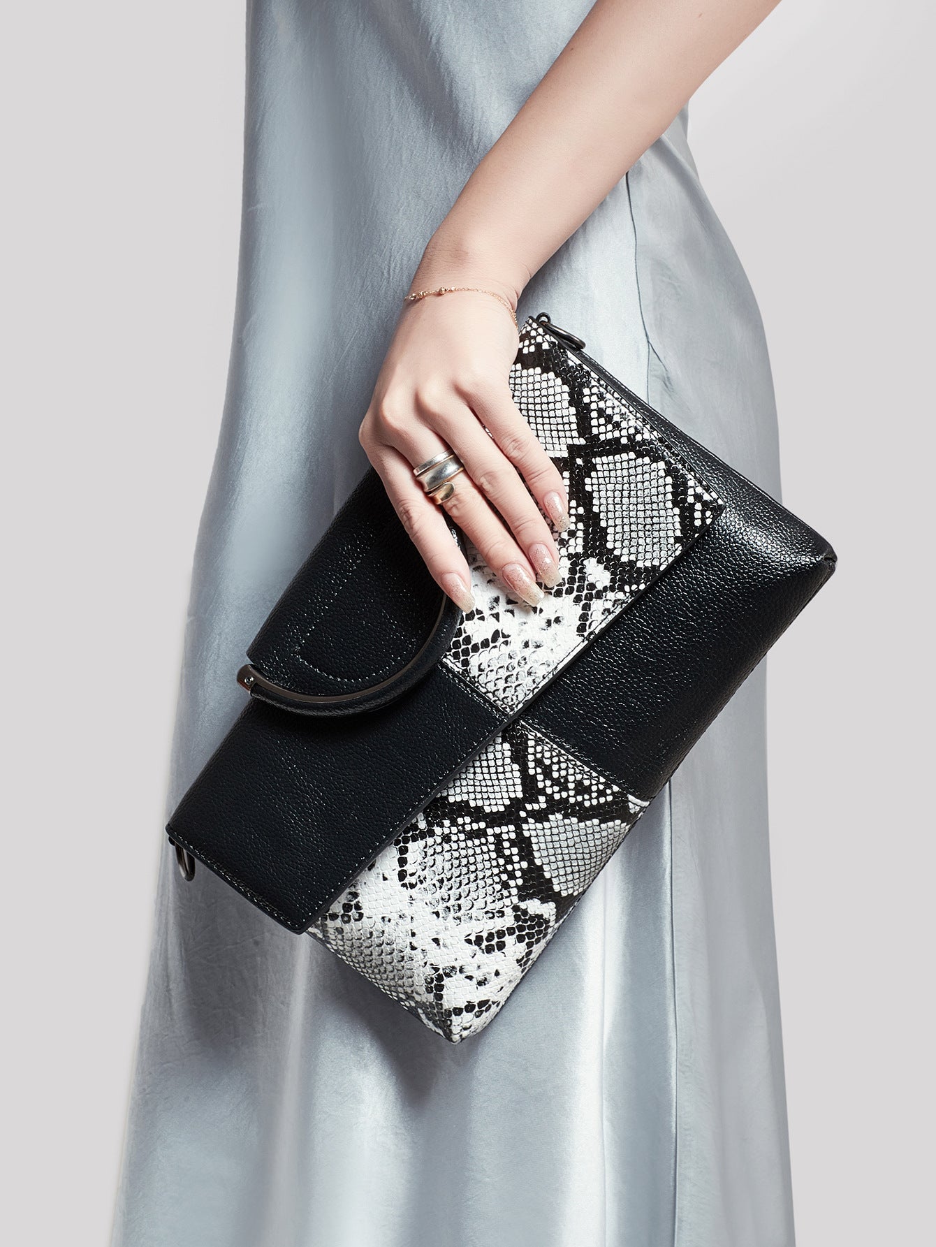Black and White Elegant crocodile embossed clutch - with metal top handle and shoulder strap 5